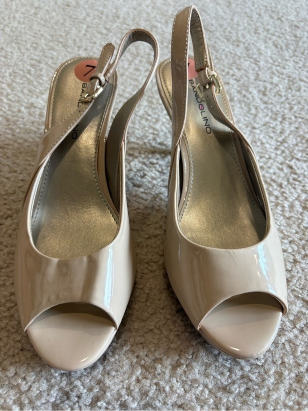 Bandolino Patent Slingback Peep Toe Heels in Nude Cream